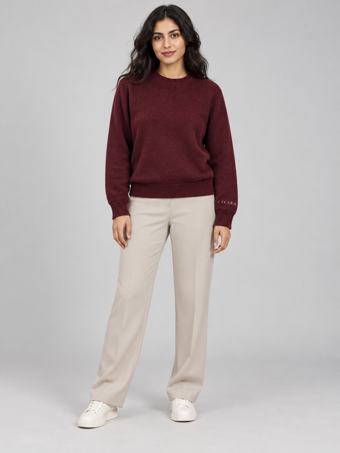 The Sceptre Crew with cream wide-leg trousers, front.